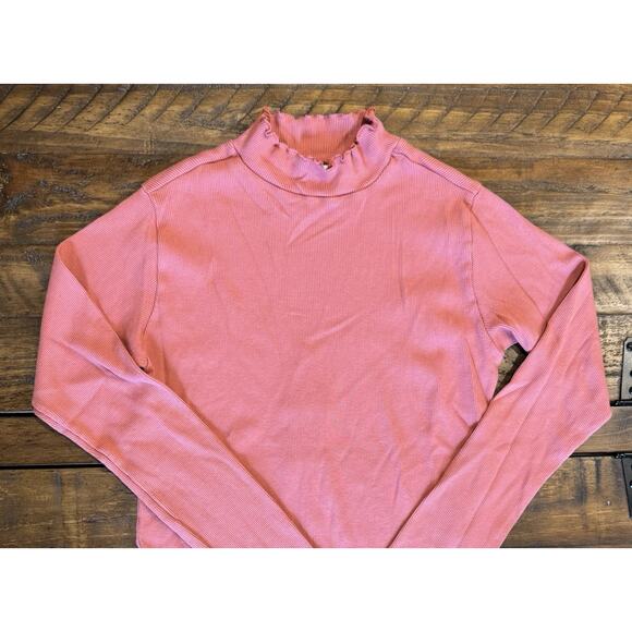 Sundance Ribbed Mock Neck Long Sleeve Top Size Large Ruffle Hem Stretch Coral - Picture 2 of 7